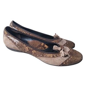 Sesto Meucci Women's Brown Leather Tassel Snake Print Ballet Flat Shoes Size 11N